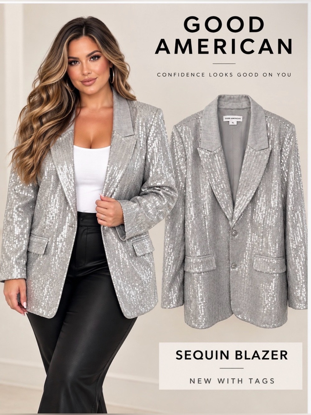 Good American NWT lightweight oversize Silver Sequin gray Blazer XL